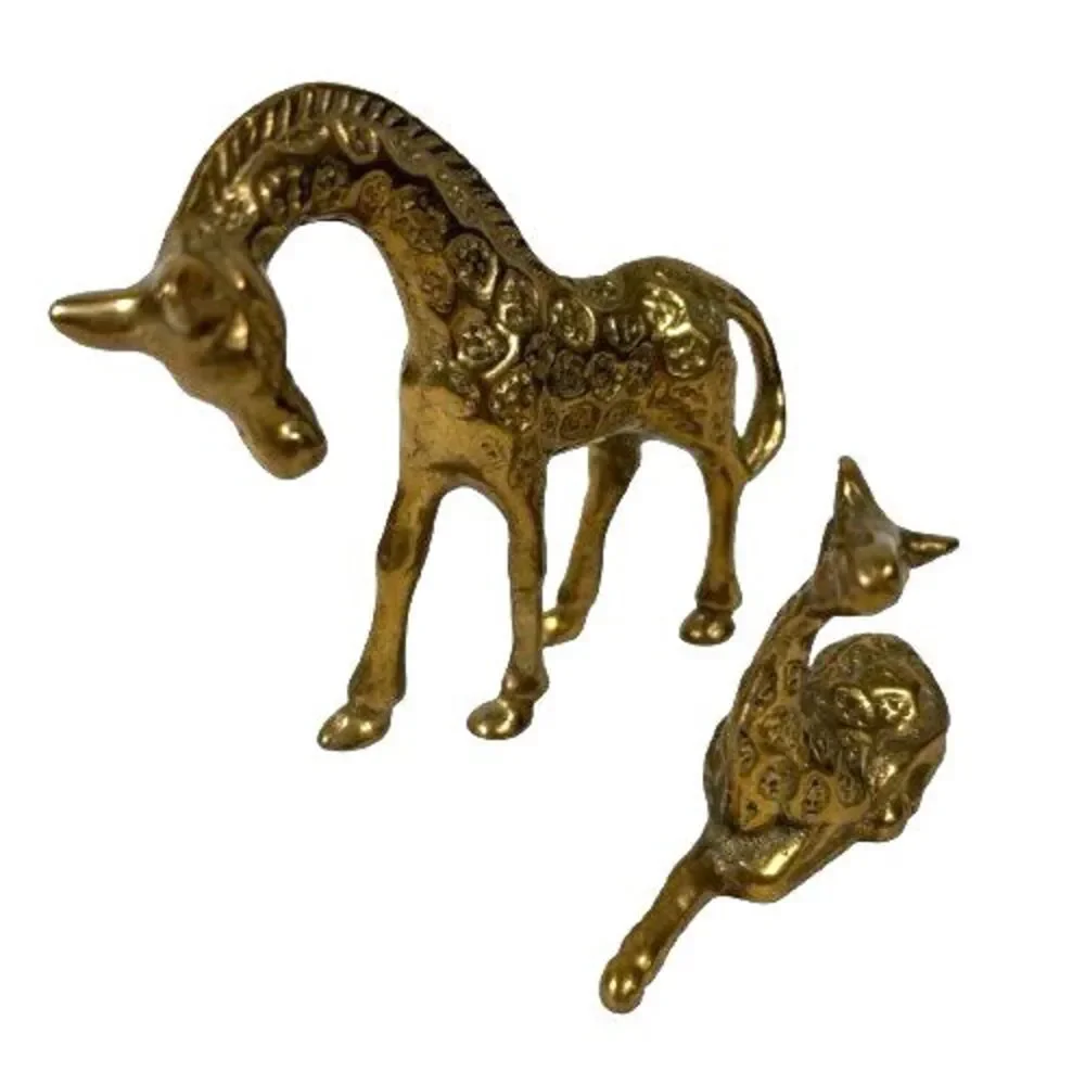 Vintage Solid Brass Mother and Baby Giraffe Figurines Mid-Century Mod, Lot of 2